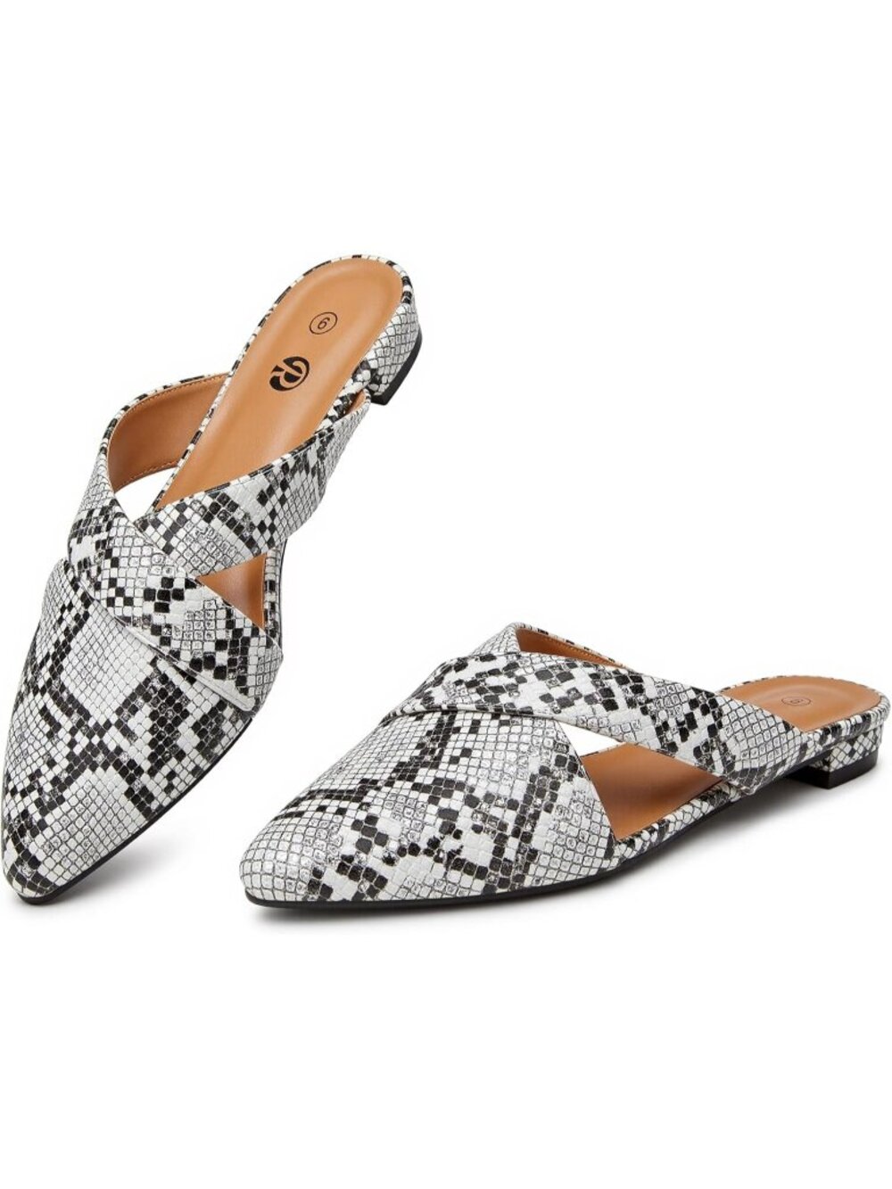 Women's White Snake Closed Pointed Toe Pull On Backless Soft Suede Mules Flats